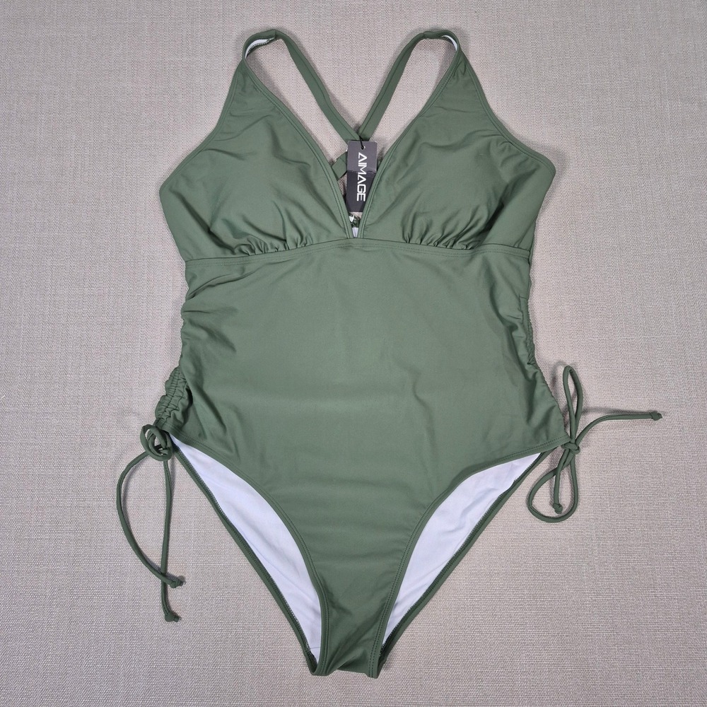 AIMAGE Womens Olive Green Ruched Tummy Control One Piece Swimsuit Size 2XL NWT
